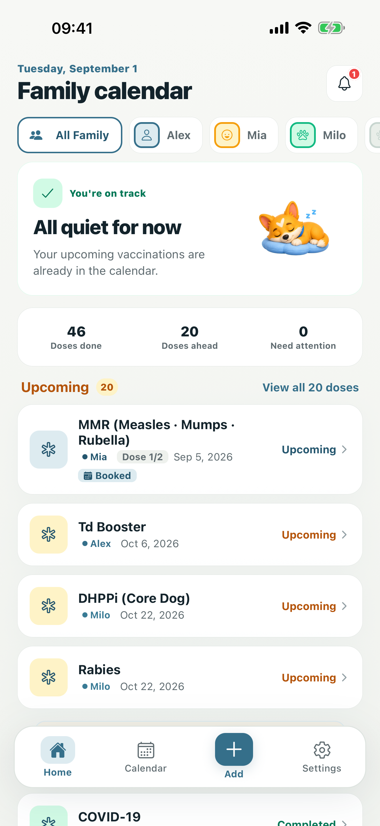 Evaxify home screen: next vaccination due, and counts of upcoming, completed and overdue doses