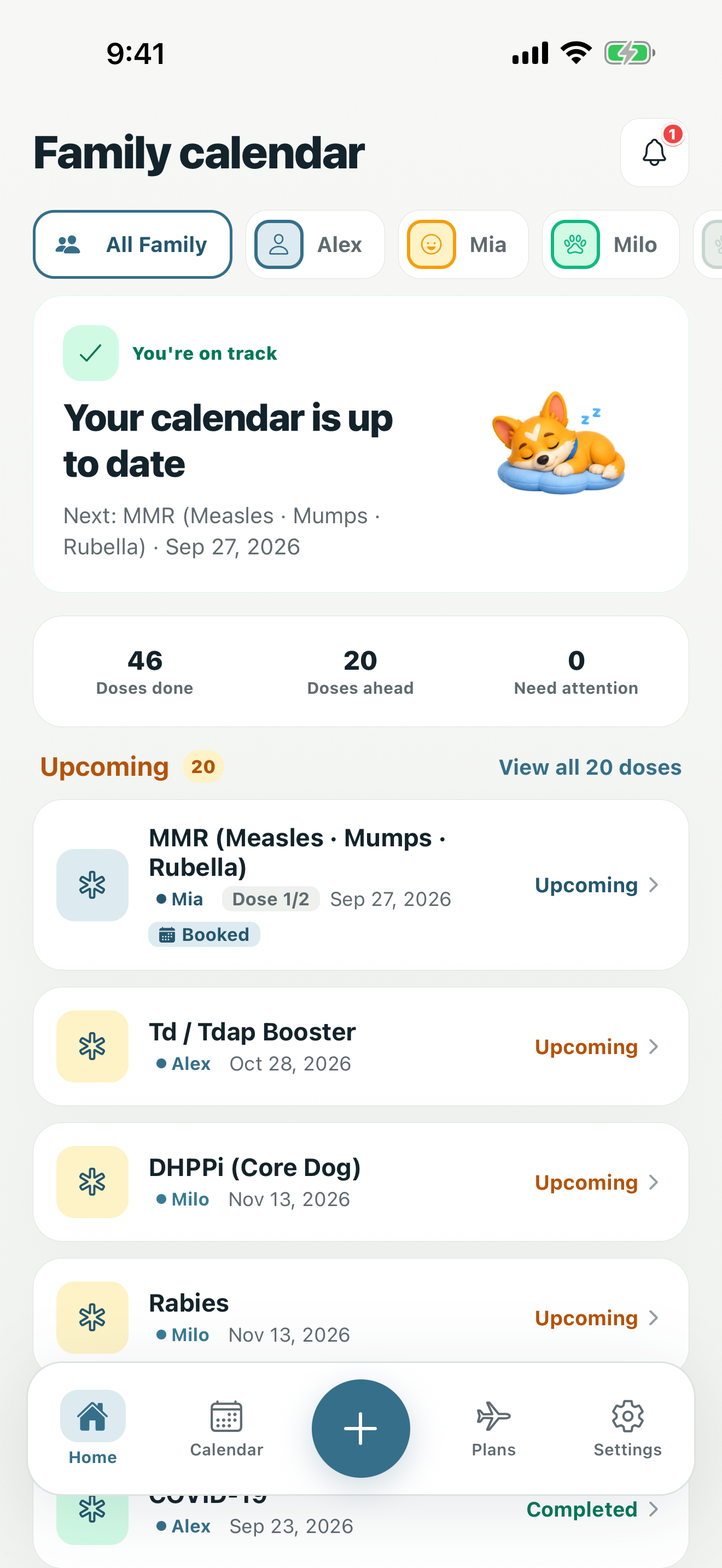 Evaxify home screen: next vaccination due, and counts of upcoming, completed and overdue doses