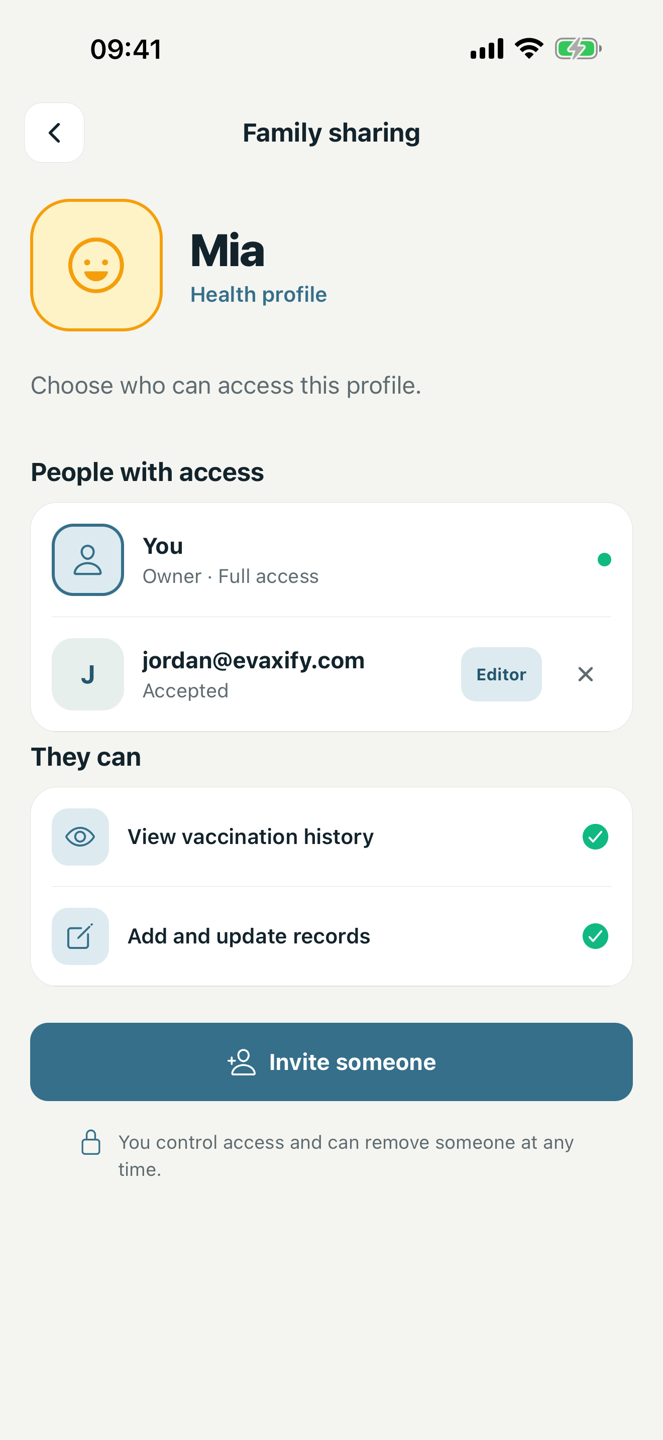 Family sharing screen with access roles and invitation controls