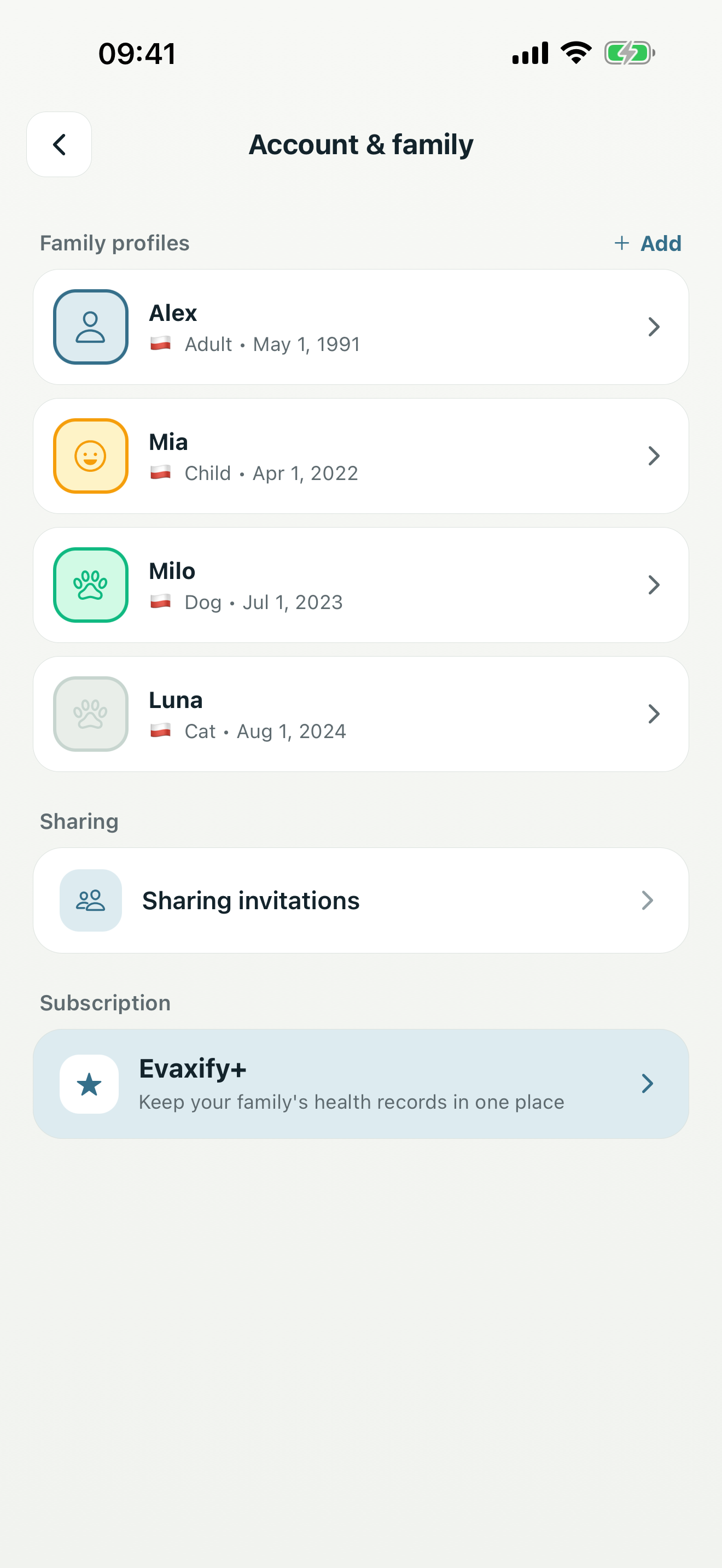 Settings screen listing family profiles and account preferences