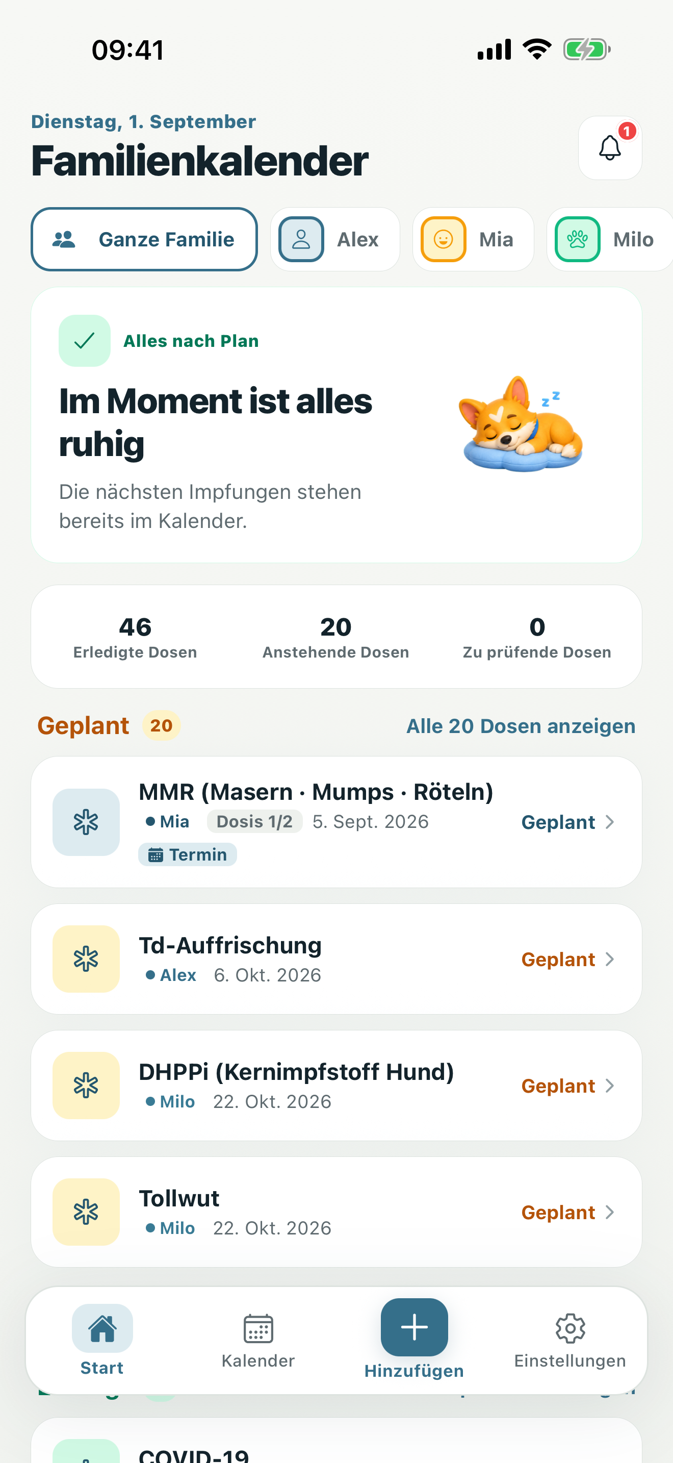 Startbildschirm mit der nächsten Impfung sowie bevorstehenden und überfälligen Dosen