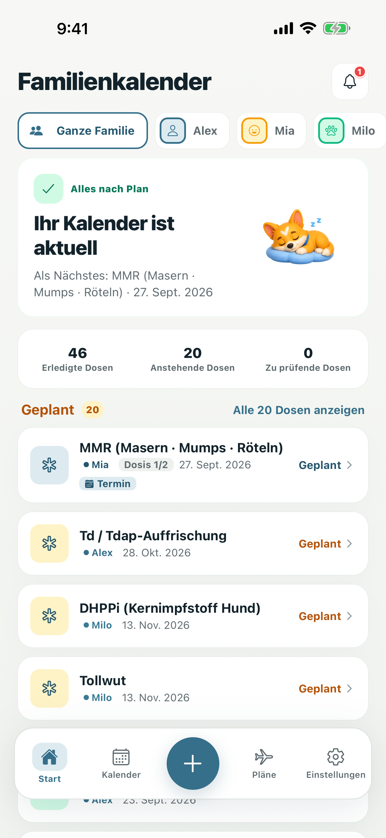 Startbildschirm mit der nächsten Impfung sowie bevorstehenden und überfälligen Dosen