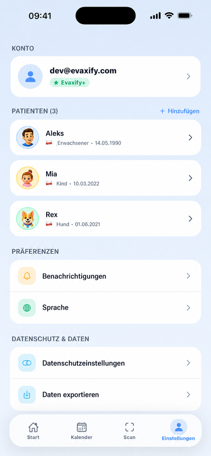 Einstellungsbildschirm mit Familienprofilen und Kontoeinstellungen