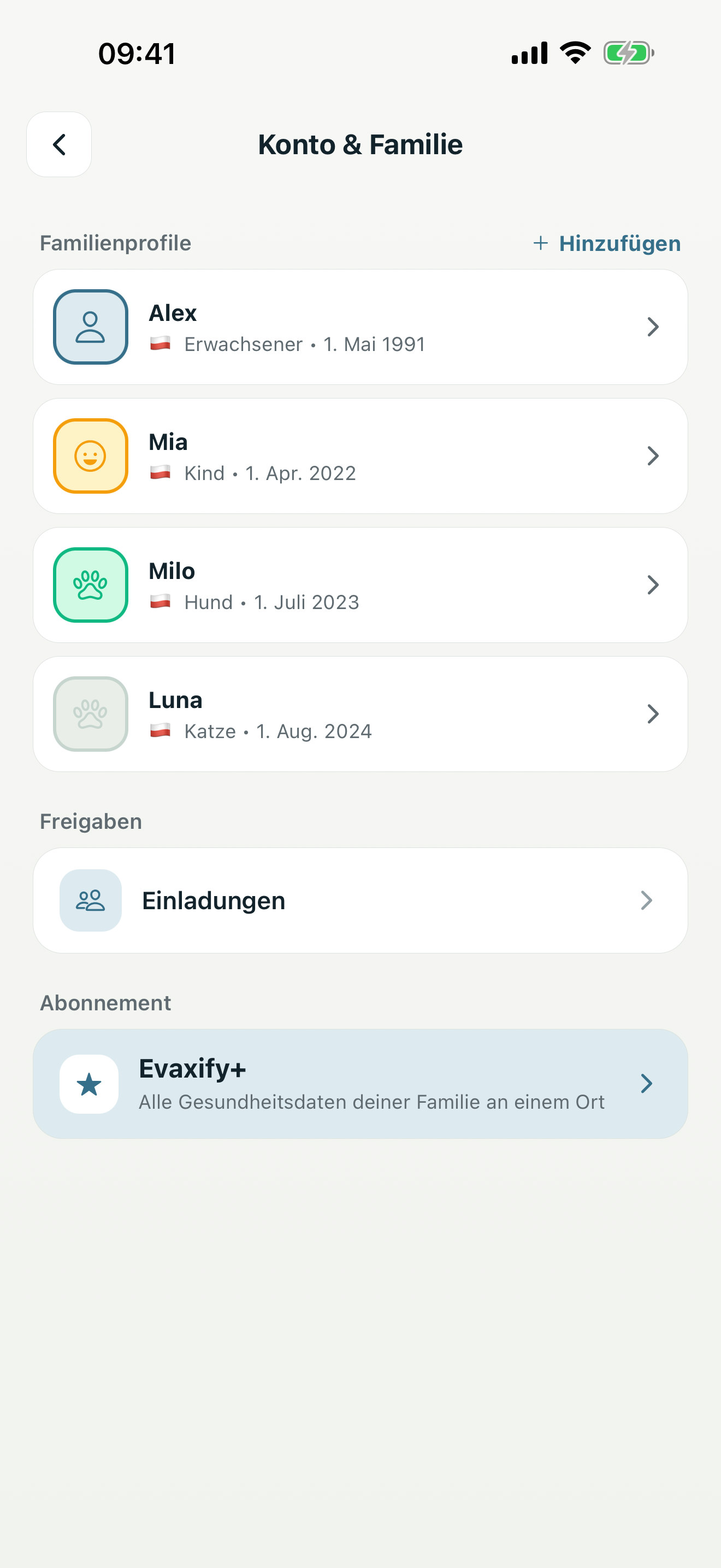 Einstellungsbildschirm mit Familienprofilen und Kontoeinstellungen