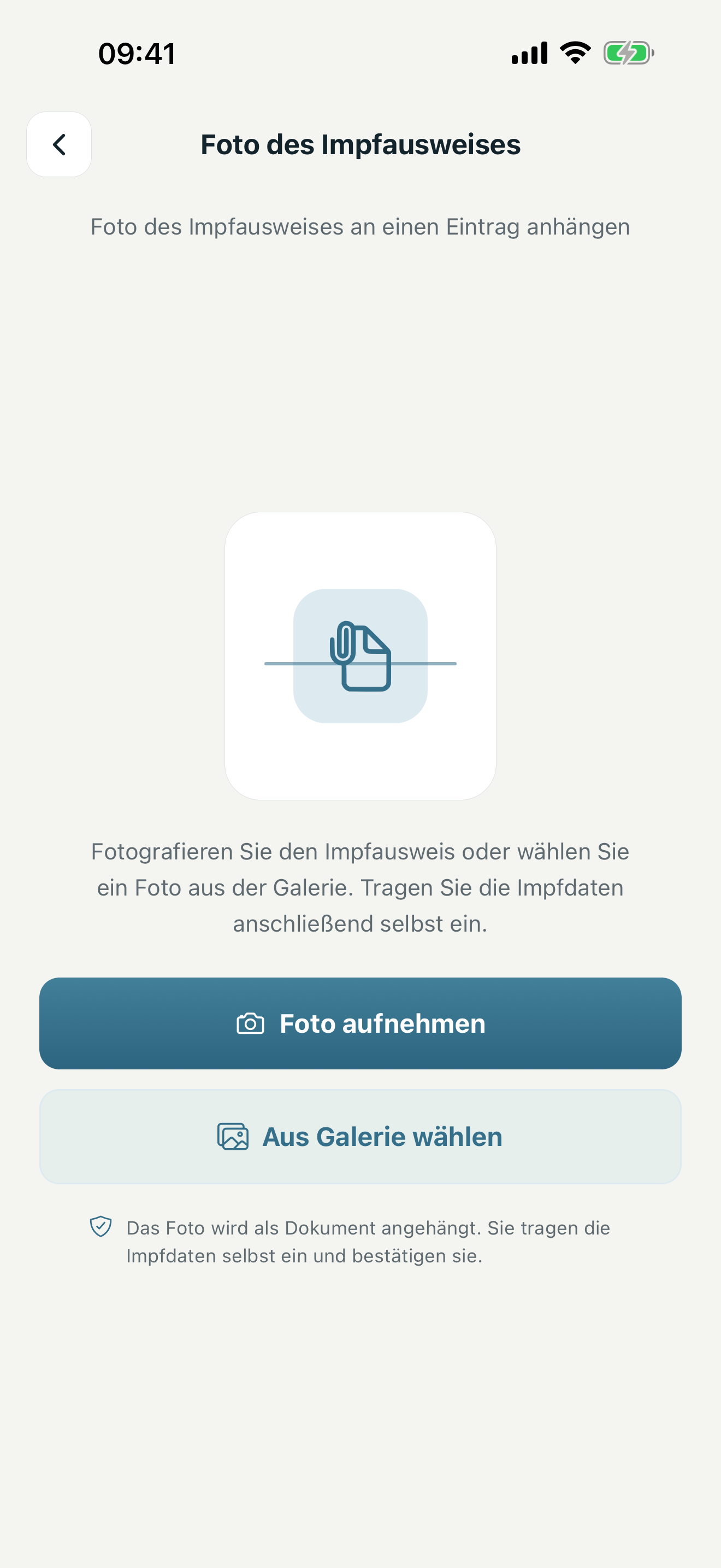 Bildschirm für ein Impfausweis-Foto zum Anhängen eines Dokuments an einen Eintrag