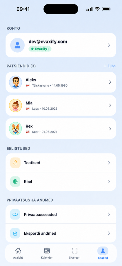 Seadete ekraan pere profiilide loendi ja konto eelistustega