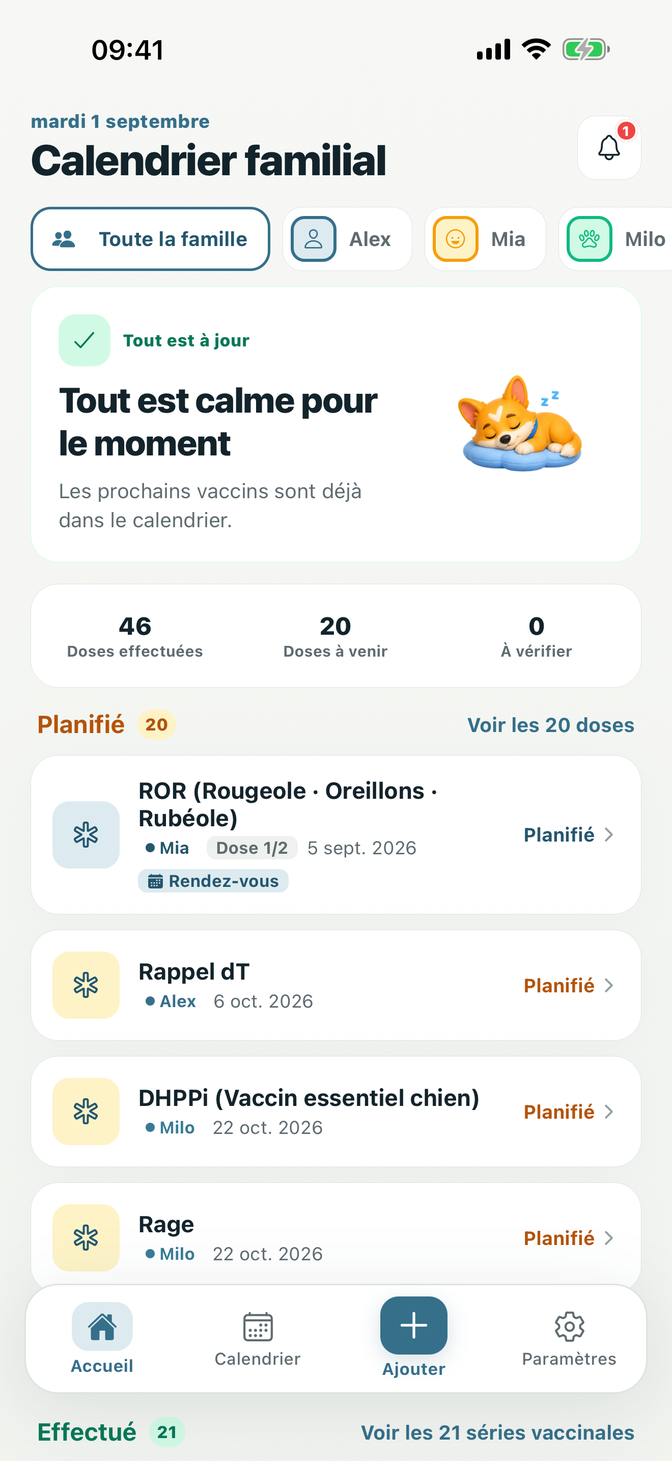 Écran d'accueil montrant la prochaine vaccination ainsi que les doses à venir et en retard