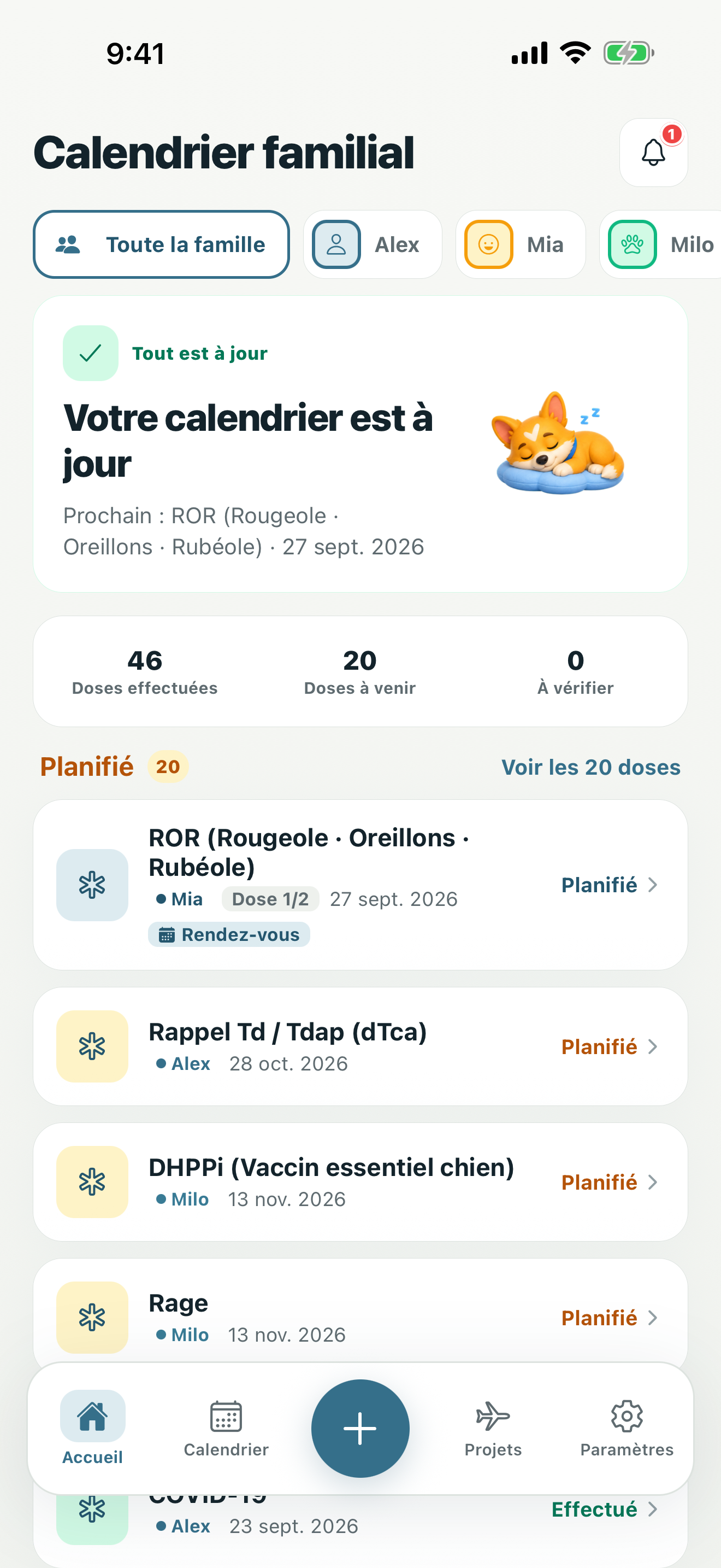Écran d'accueil montrant la prochaine vaccination ainsi que les doses à venir et en retard