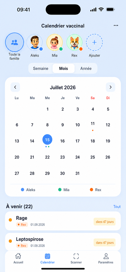 Vue calendrier du programme vaccinal de toute la famille par mois