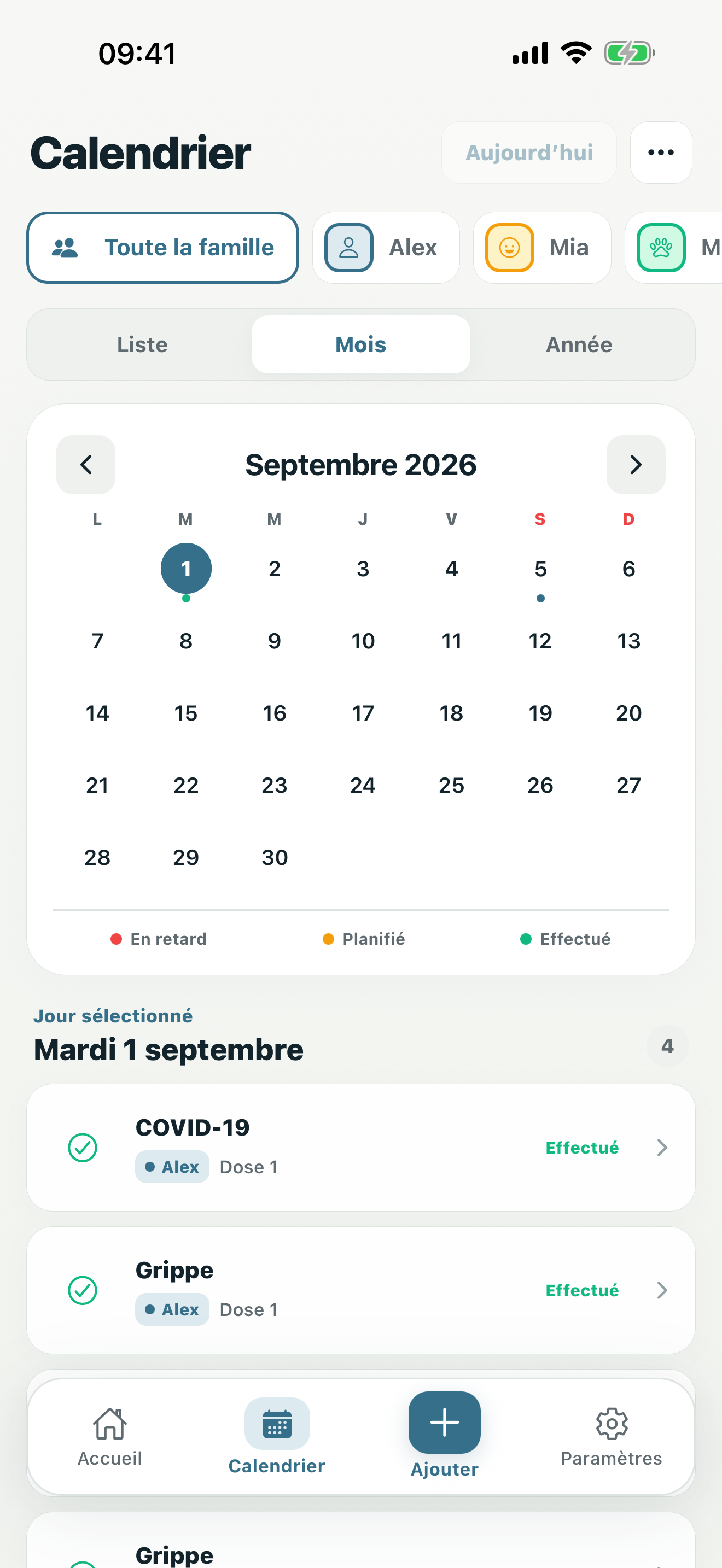 Vue calendrier du programme vaccinal de toute la famille par mois