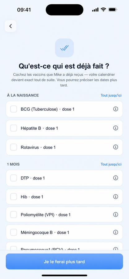 Écran de rattrapage d'historique pour marquer rapidement les vaccinations passées comme faites