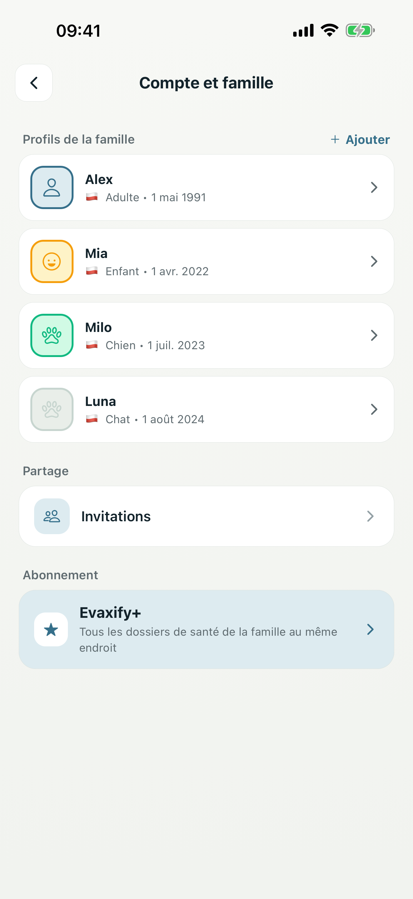 Écran des paramètres listant les profils familiaux et les préférences du compte