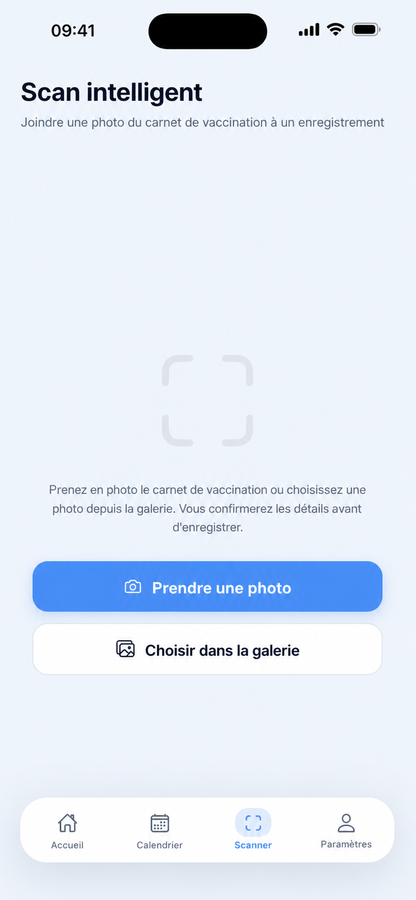 Écran Smart Scan pour joindre une photo du carnet de vaccination à un enregistrement