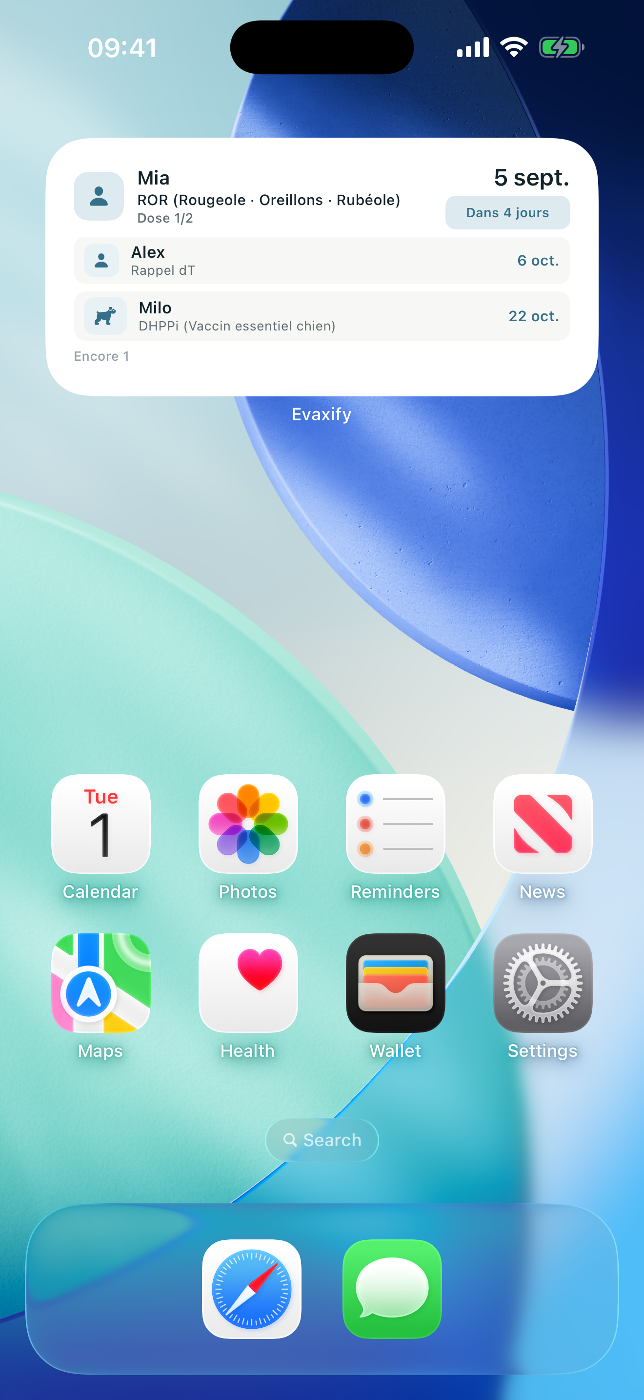 Widget de vaccination Evaxify sur l’écran d’accueil d’un iPhone