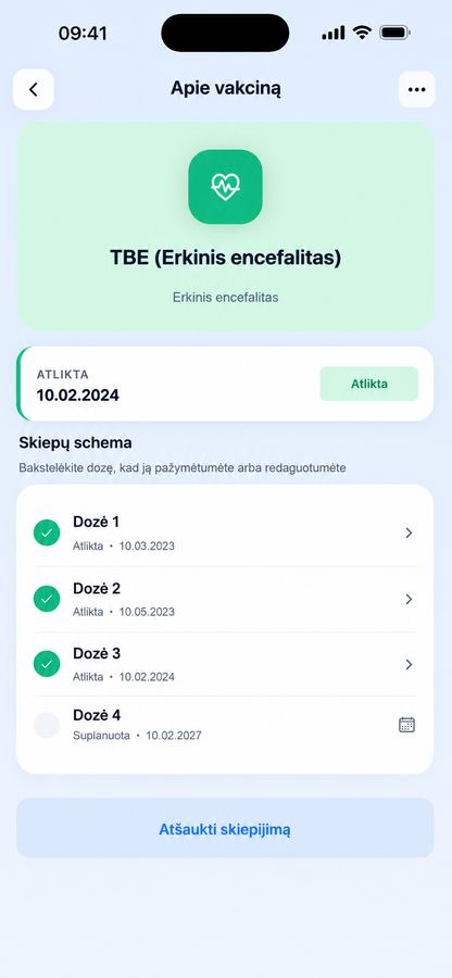 Skiepo detalių ekranas su dozių grafiku ir atlikimo istorija