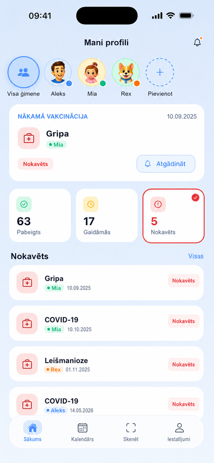 Sākuma ekrāns ar tuvāko vakcināciju un gaidāmajām un nokavētajām devām