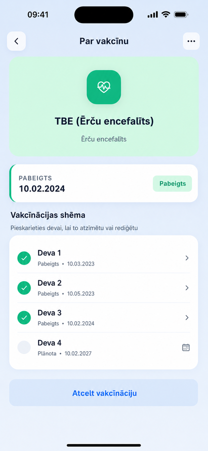 Vakcīnas detaļu ekrāns ar devu grafiku un izpildes vēsturi