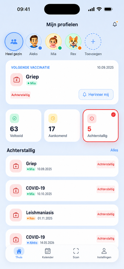 Startscherm met de eerstvolgende vaccinatie en aankomende en achterstallige doses