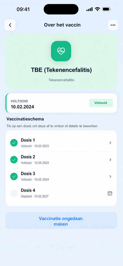 Vaccindetailscherm met doseerschema en voltooiingsgeschiedenis