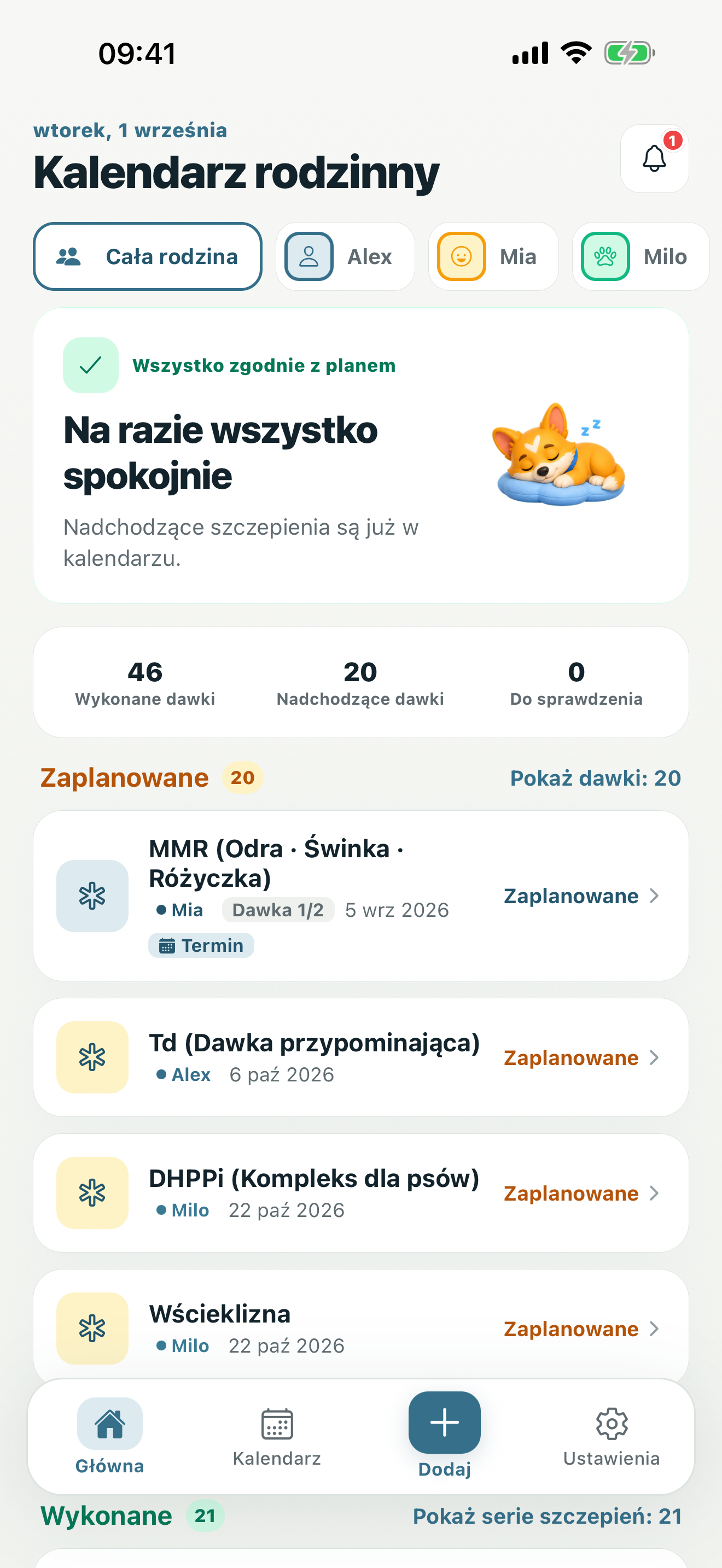 Ekran główny Evaxify: najbliższe szczepienie oraz liczba nadchodzących, ukończonych i zaległych dawek