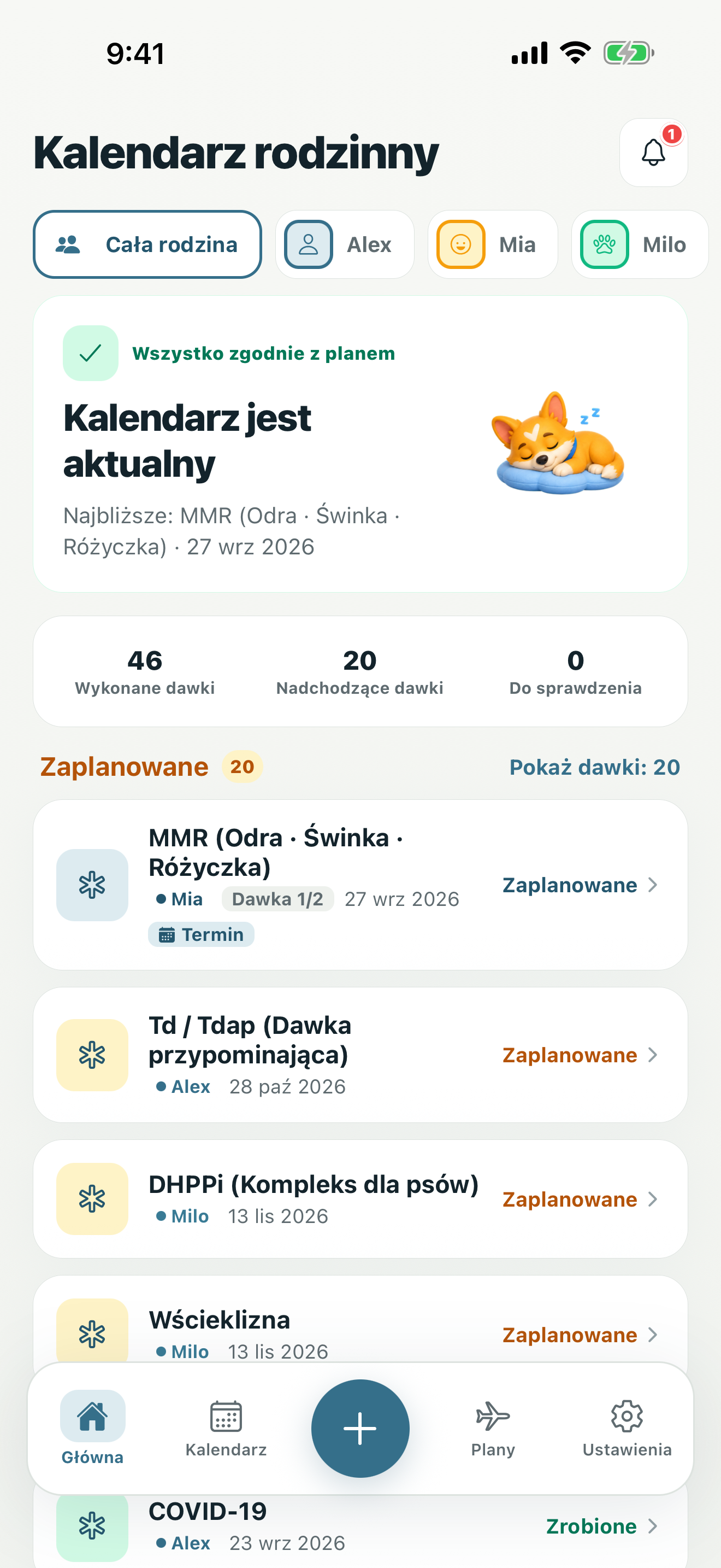Ekran główny Evaxify: najbliższe szczepienie oraz liczba nadchodzących, ukończonych i zaległych dawek