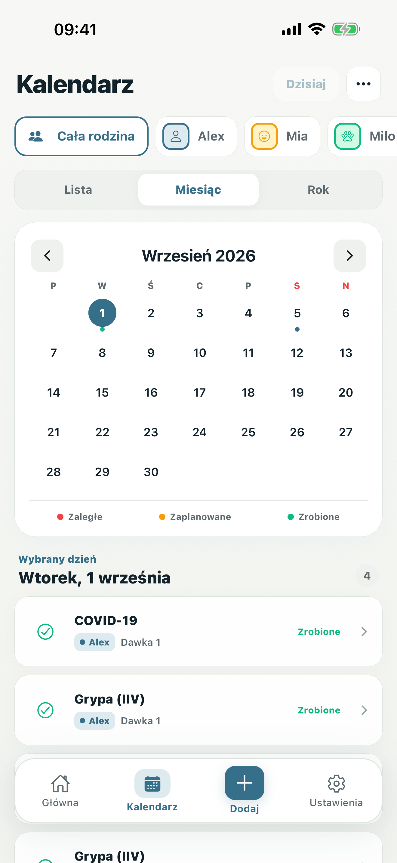 Widok kalendarza z harmonogramem szczepień całej rodziny w ujęciu miesięcznym