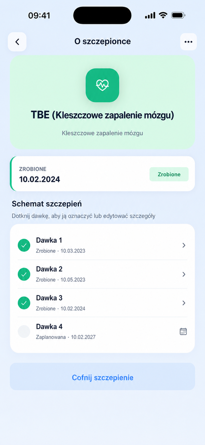 Ekran szczegółów szczepionki pokazujący harmonogram dawek i historię wykonania
