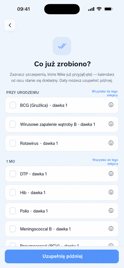 Ekran uzupełniania historii do szybkiego oznaczania przeszłych szczepień jako wykonane