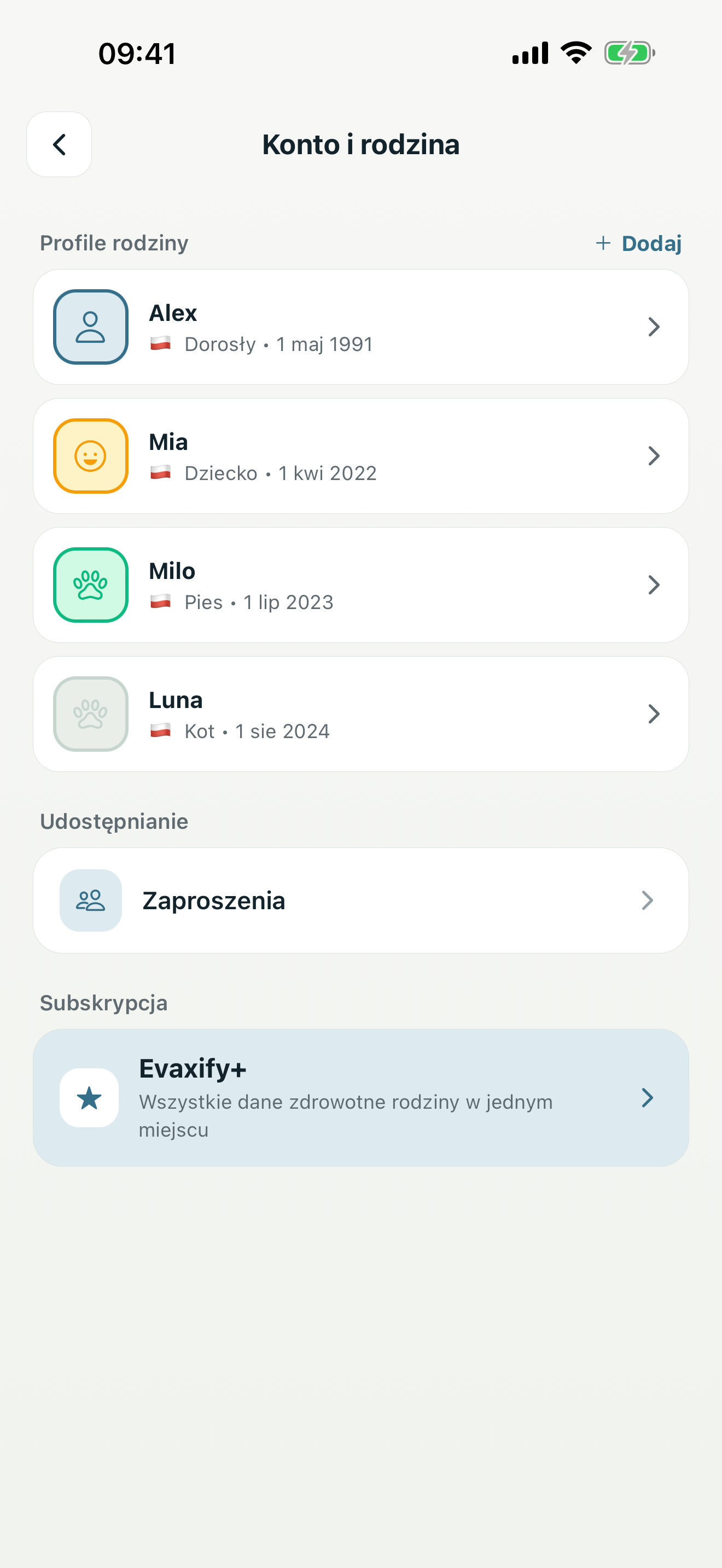 Ekran ustawień z listą profili rodziny i preferencjami konta