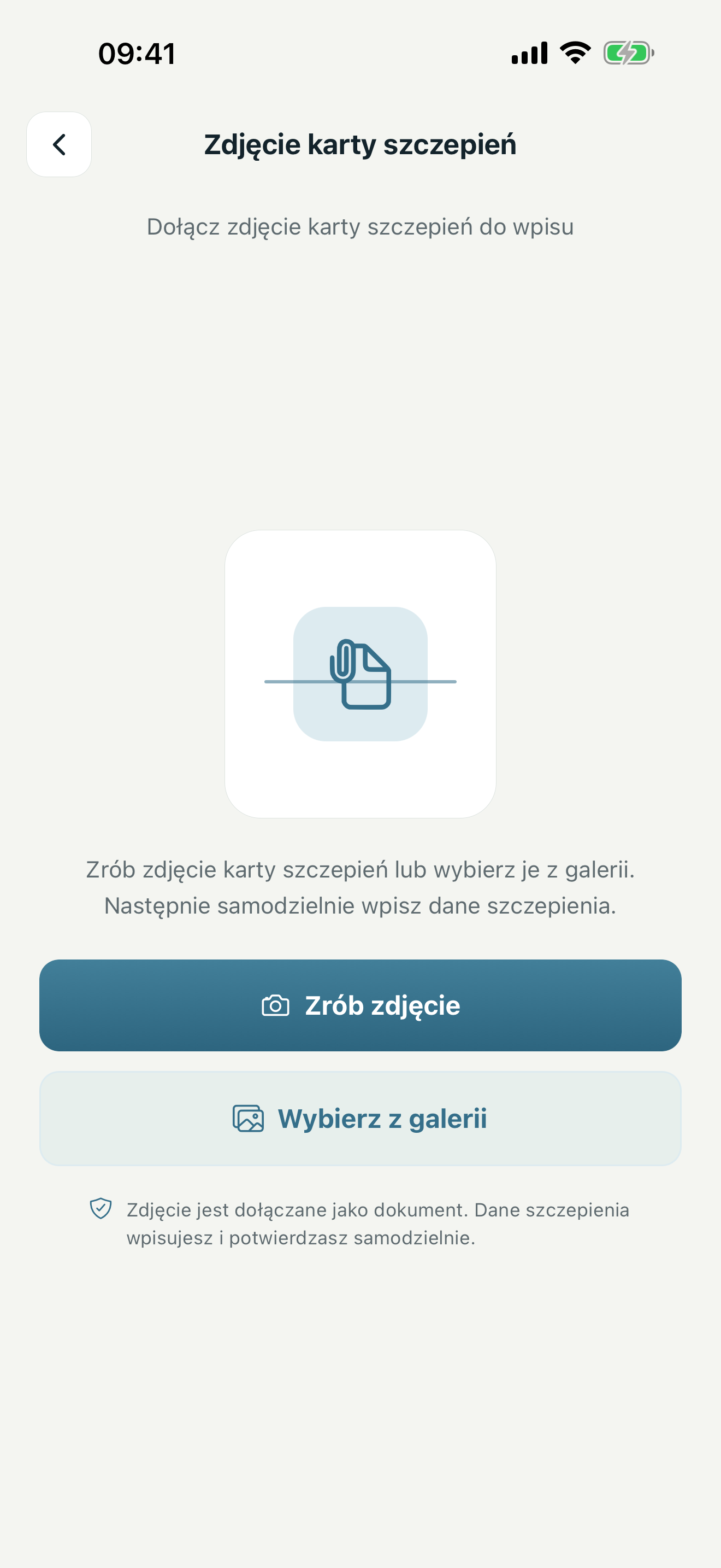 Ekran zdjęcia karty szczepień do dołączania dokumentu do zapisu