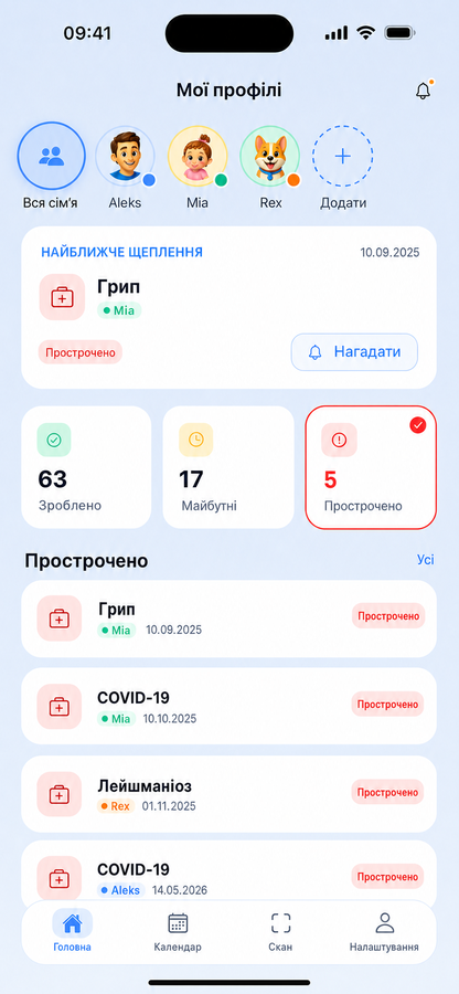 Головний екран із найближчим щепленням та майбутніми і простроченими дозами