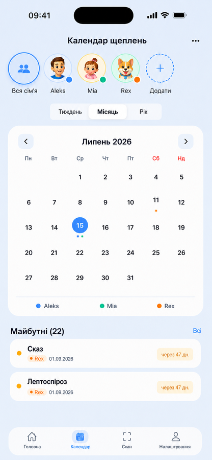 Календар із графіком щеплень усієї родини в місячному вигляді
